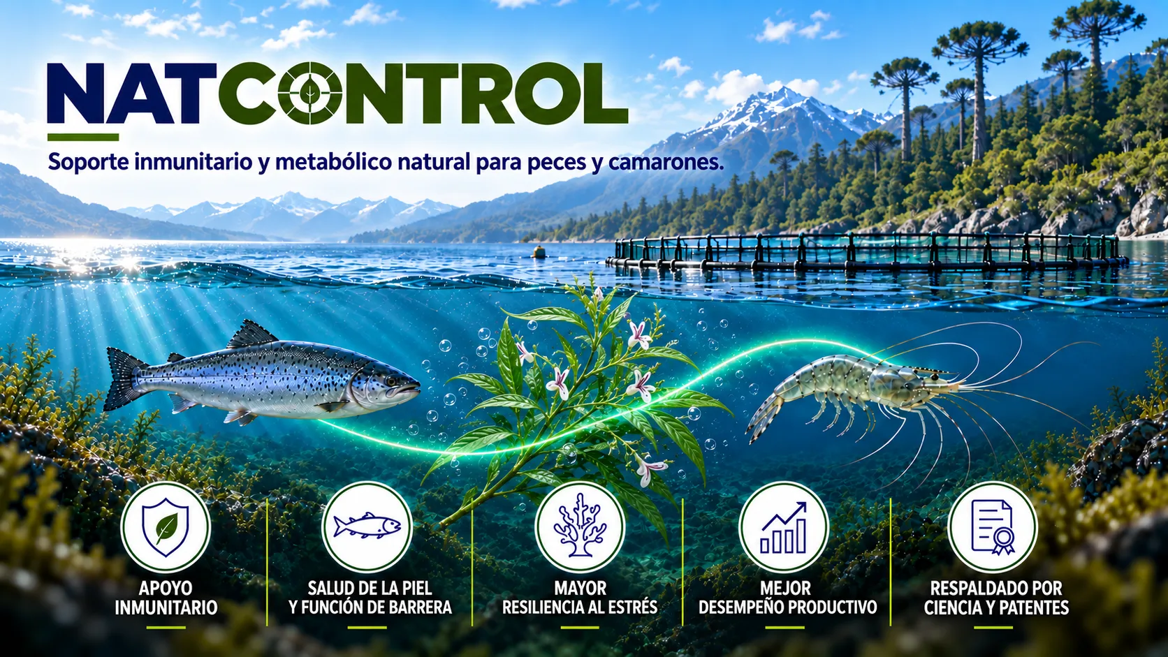 NatControl: soporte inmune y metabólico natural para peces y camarones. Salmón y camarón bajo el agua junto a Andrographis paniculata, y un centro de cultivo en un fiordo patagónico.