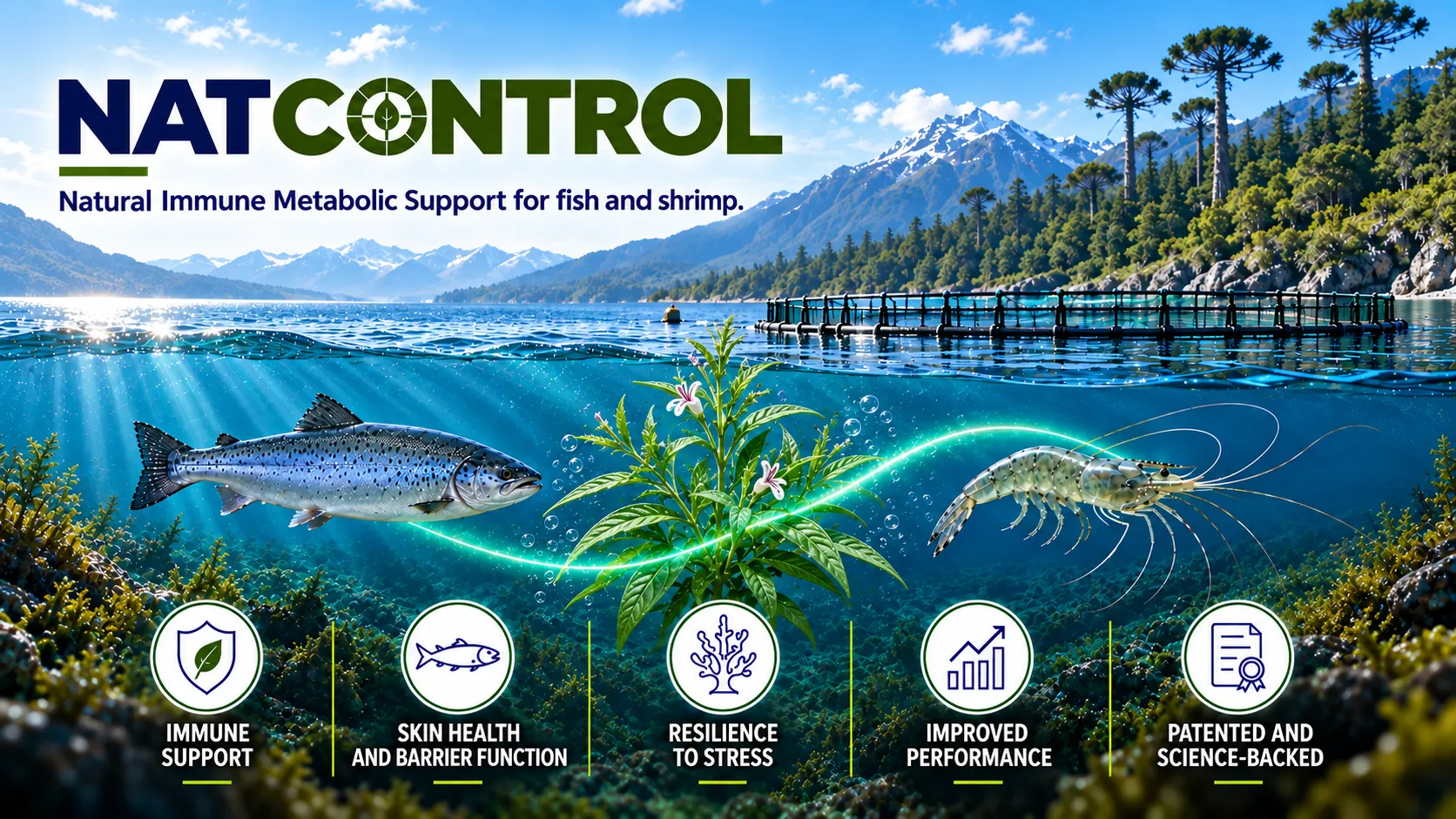 NatControl: natural immune metabolic support for fish and shrimp. Salmon and shrimp underwater with Andrographis paniculata, and a fish farm in a Patagonian fjord.